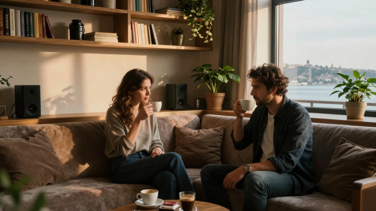 Kartal'da lüks bir salon da kahve içen iki kişi, hafif müzik ve Bosphorus manzarası.