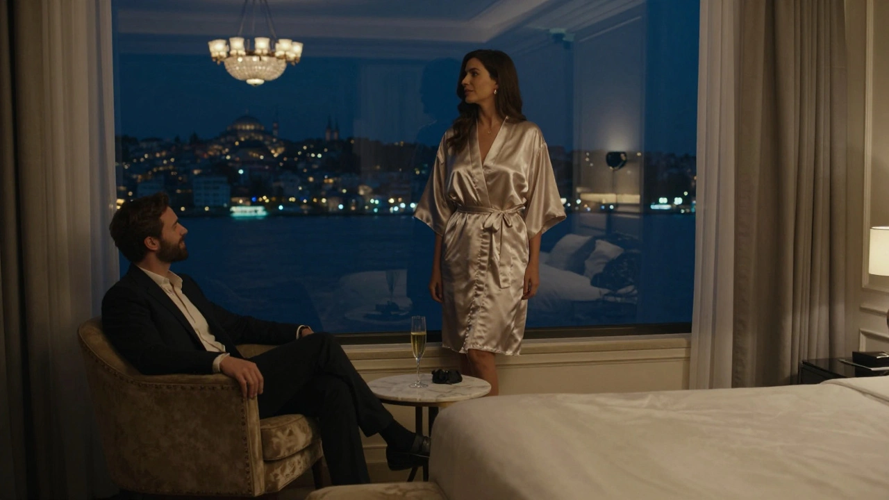 Lüks bir otel odasında, Bosphorus manzarasına bakarken şampanya ile huzurlu bir akşam geçiren iki kişi.