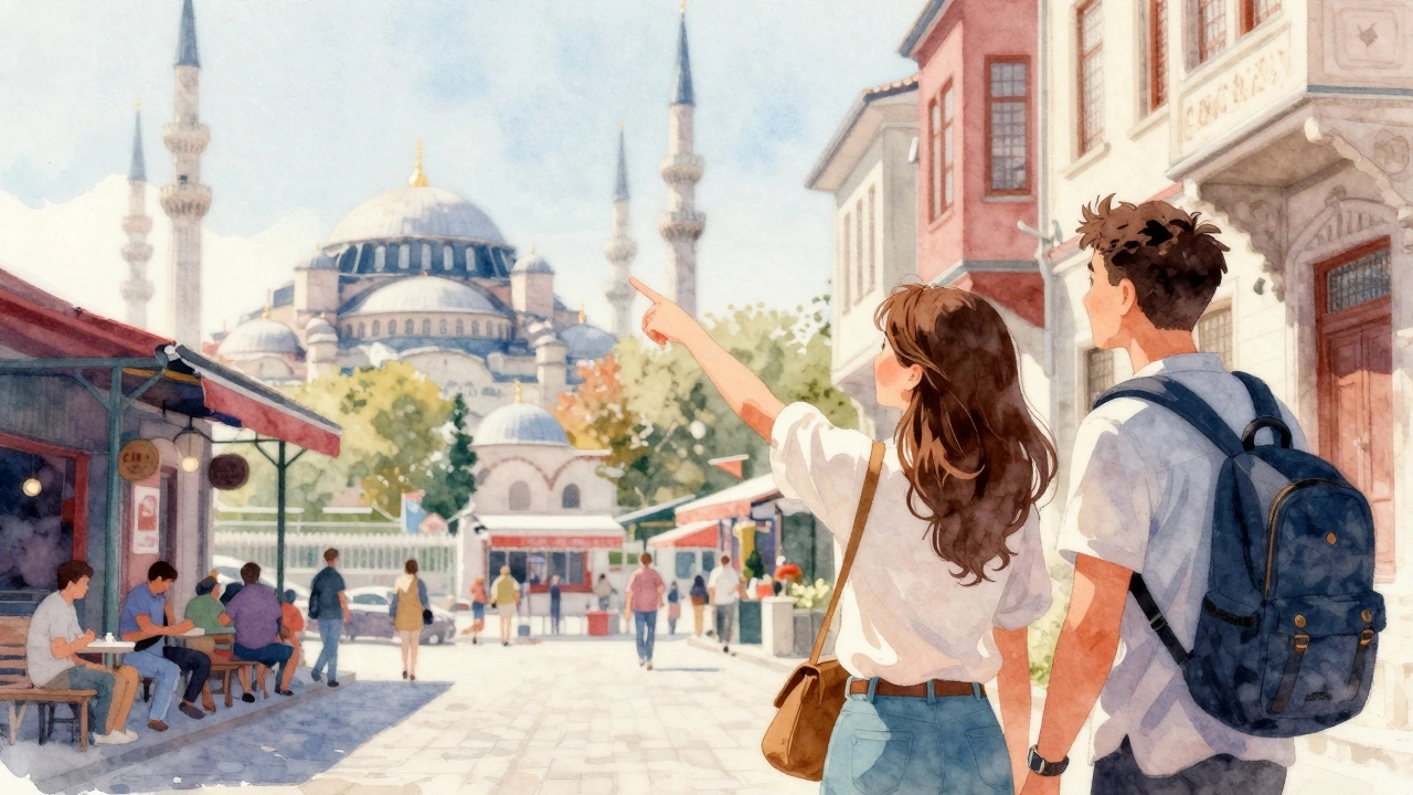 Turist bir gezi eşliğiyle İstanbul'un tarihi sokaklarında dolaşıyor.