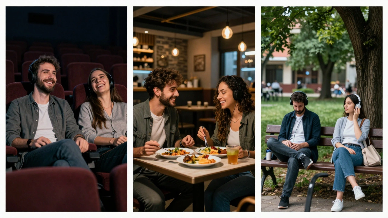 Üç farklı an: sinemada gülüşen, restoranda yemek yiyen ve parkta müzik dinleyen bir çift.