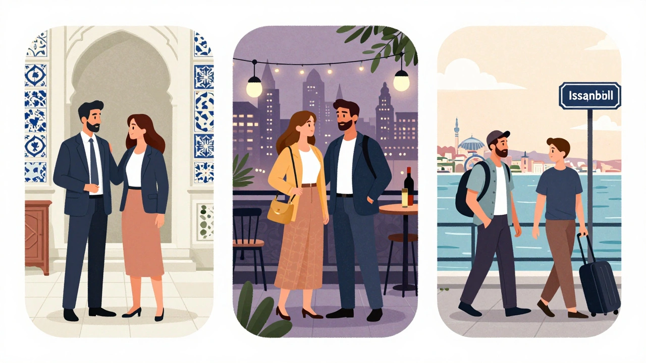 Üç farklı escort hizmeti: müzede, partiye ve Bosphorus'ta yürüyüşte.