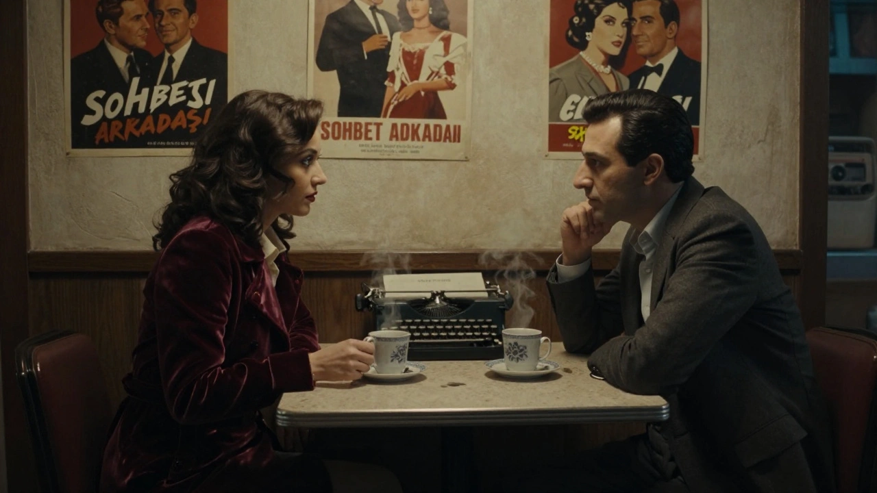 1970'lerde Beyoğlu'da bir kafeteryada iki kişi sessizce sohbet ediyor, kahve buharı ve eski bir film afişi arka planda.
