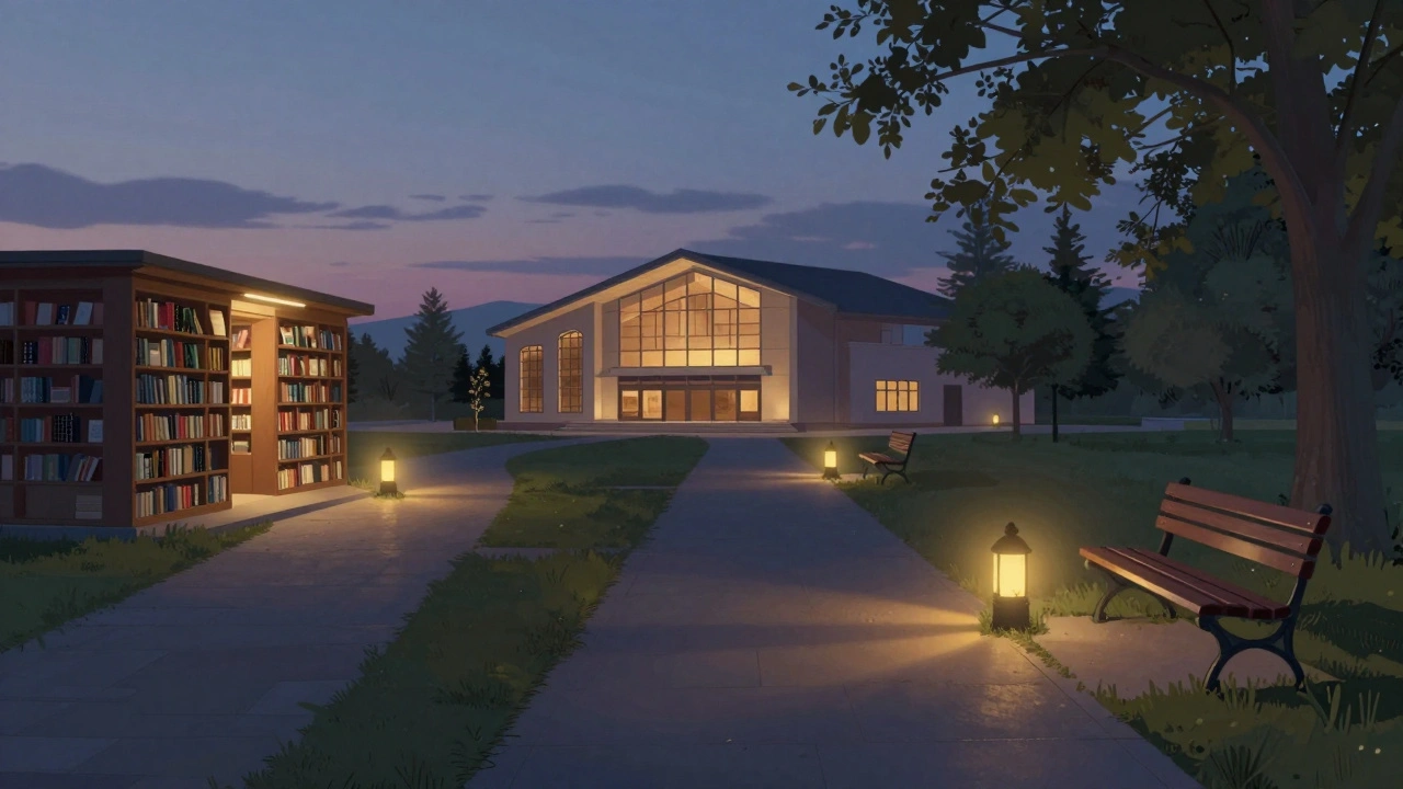 Ataşehir'de üç farklı yol: kitaplık, konser salonu ve park bancı, her biri sıcak bir fenerle aydınlatılmış.