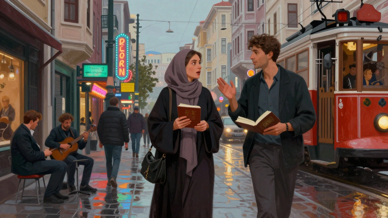 Beyoğlu'da İstiklal Caddesi'nde bir kadın ve müşteri, sanat ve tarih hakkında konuşurken yürüyor.