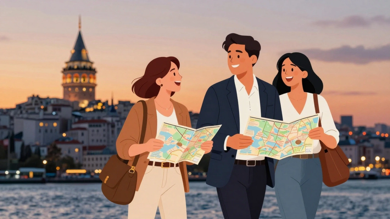 Bir escort ve müşteri, Bosphorus kıyısında güneşin batışı sırasında yürüyor.