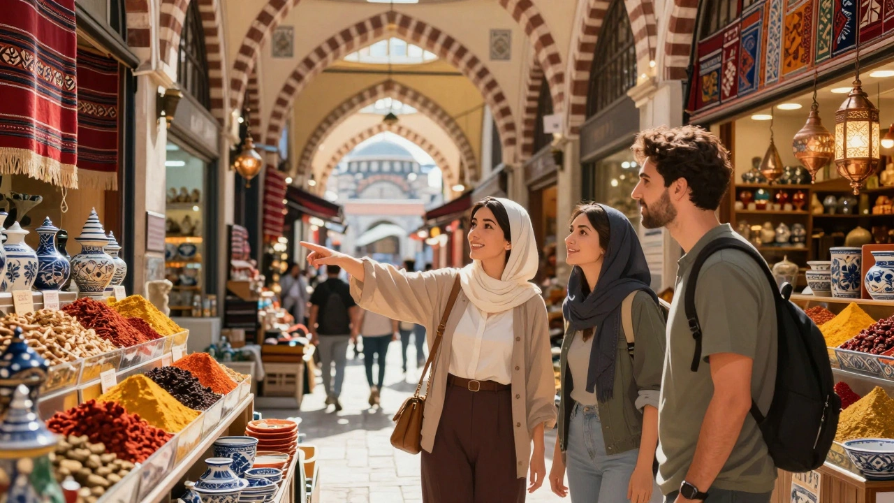 Bir kadın, bir turisti Grand Bazaar'da eserlerle tanıştırırken eliyle gösteri yapıyor.