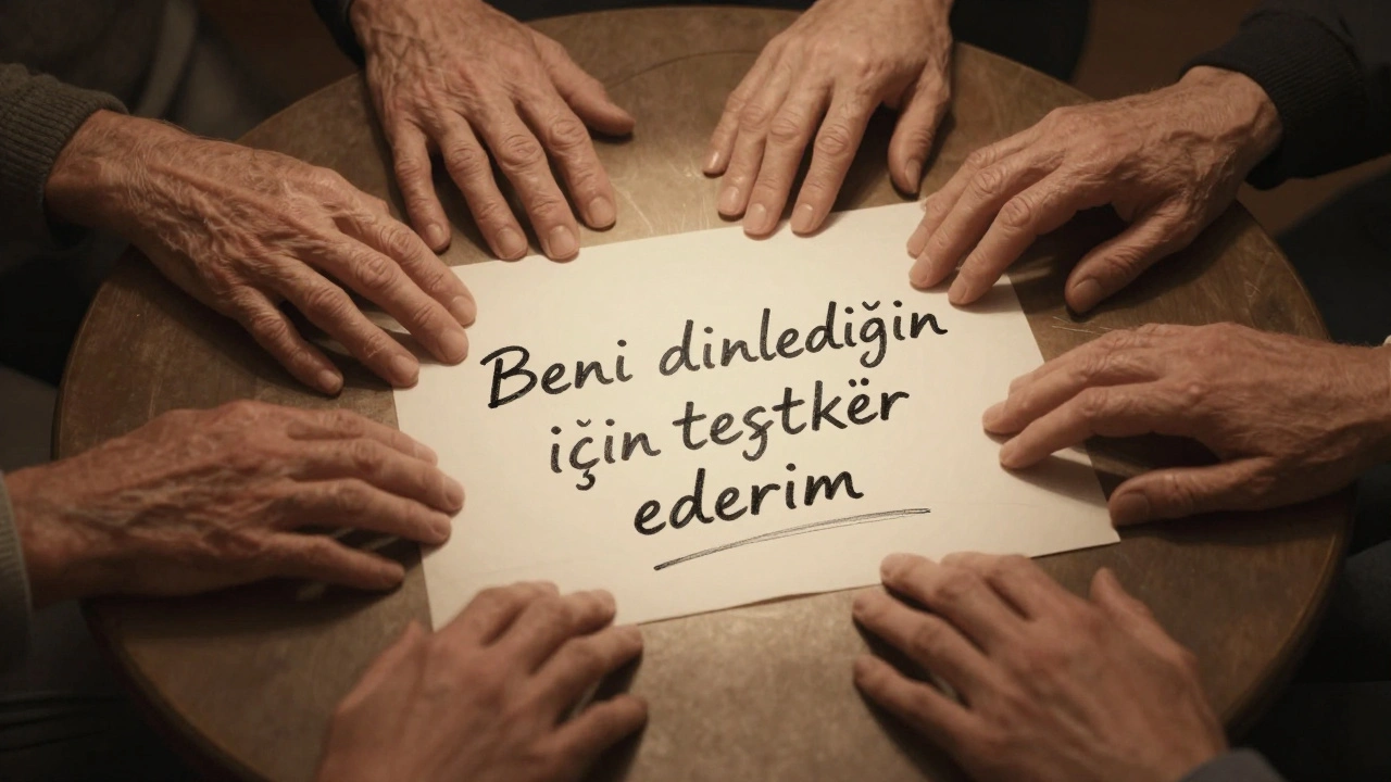 Bir kafe masasında 'Beni dinlediğin için teşekkür ederim' yazan bir not, etrafında farklı insan eli hatları.