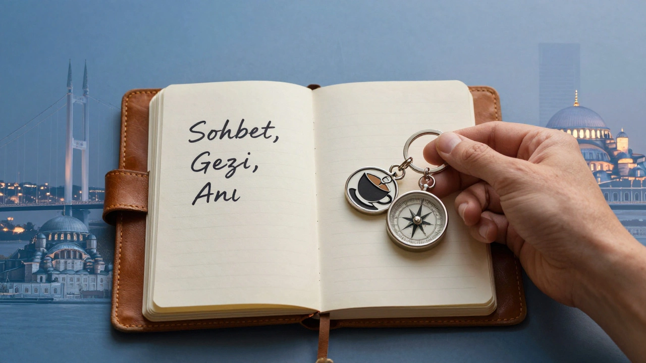 Bir kahve kupası ve pusula simgesi, İstanbul'un sembollerine çevrelenmiş, anı ve özgürlük temalı.