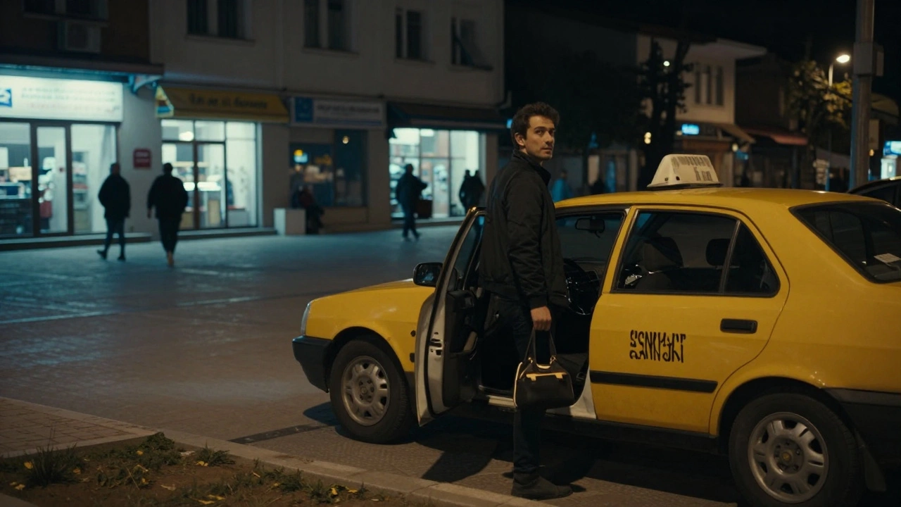 Bir kişi, Esenyurt'ta bir takside inerken, güvenli bir toplu alana doğru ilerliyor.