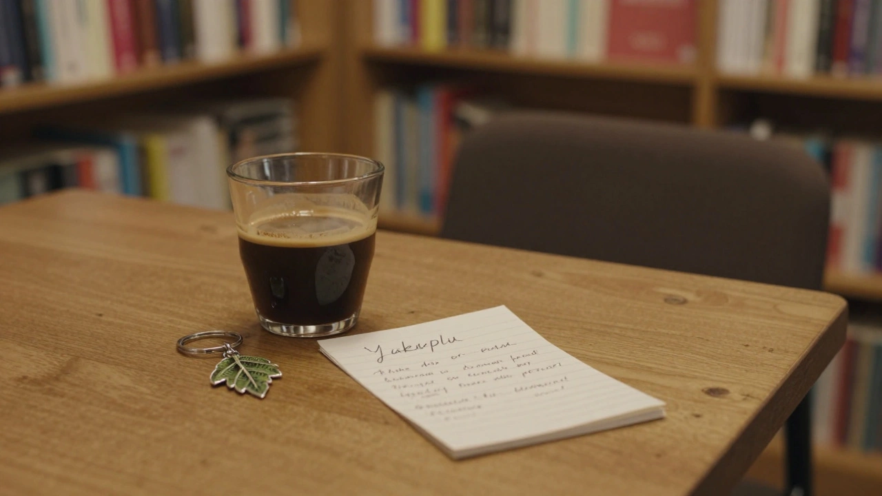 Bir kitapçıda kahve kupası ve el yazısı not, anlamlı bir buluşmanın izi.