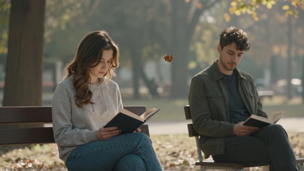 Çatalca'da bir parkta kitap okuyan bir kadın ve onun yanında sessizce oturan bir erkek.
