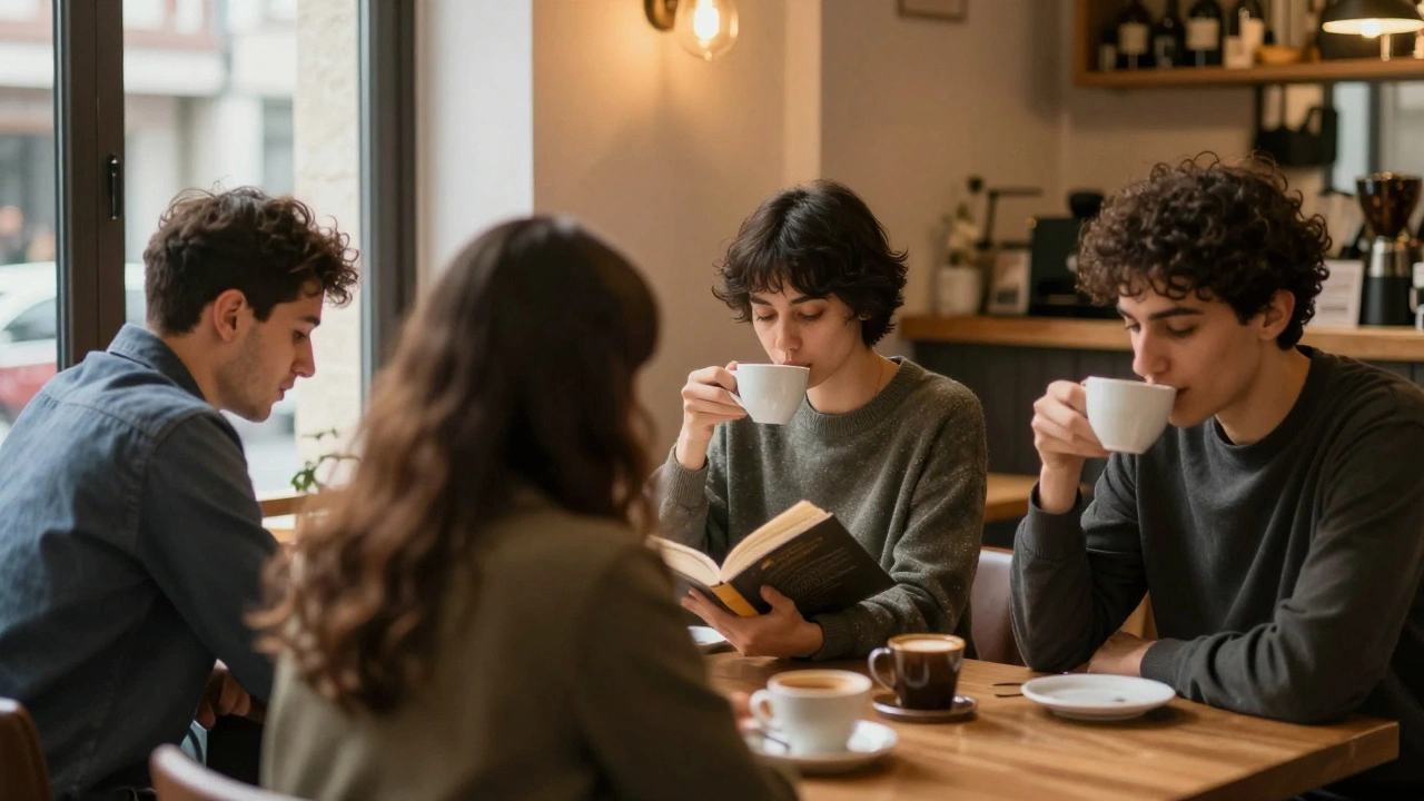 Esenyurt'ta bir kafe'de farklı bireyler, sakin bir şekilde birbirleriyle iletişim halinde.
