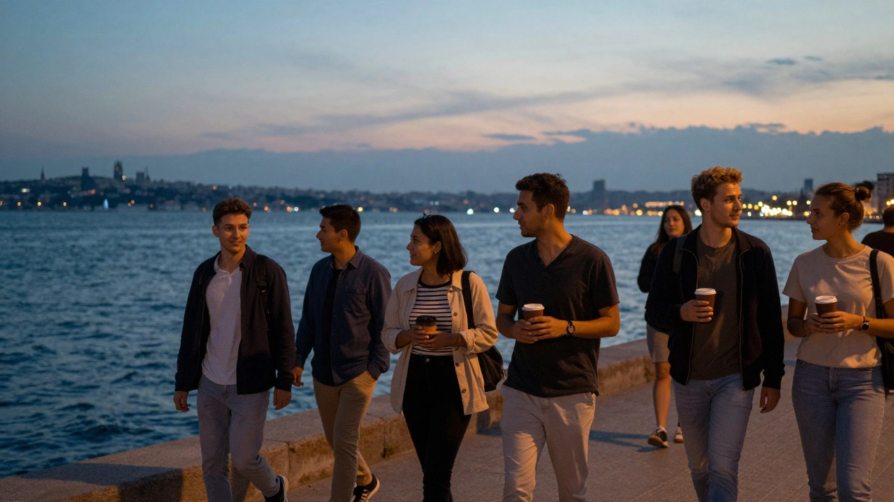 Gebze sahilinde akşam saatlerinde sessizçe yürüyen genç bir grup.