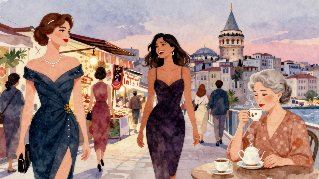 İstanbul'da üç farklı escort kadın profili: şık, genç ve deneyimli kadınlar şehir manzarasında.