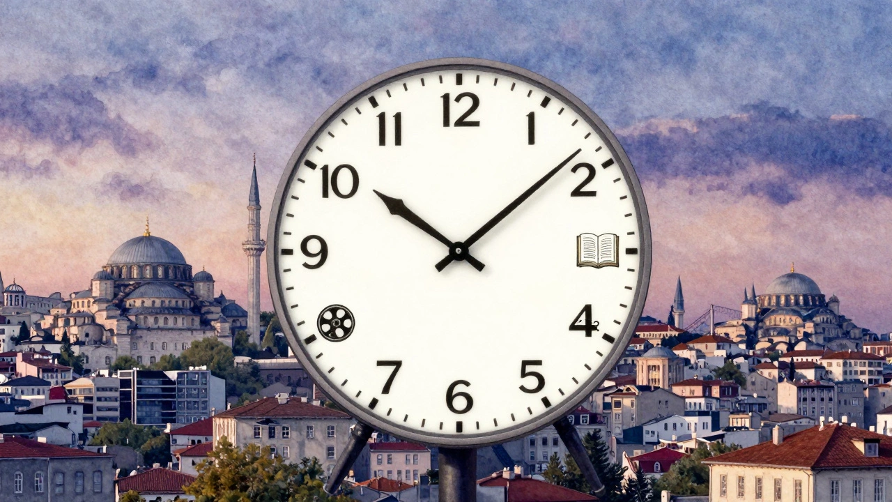 İstanbul gökyüzünde bir saat, zamanın anlamlı anları ile temsil ediliyor.