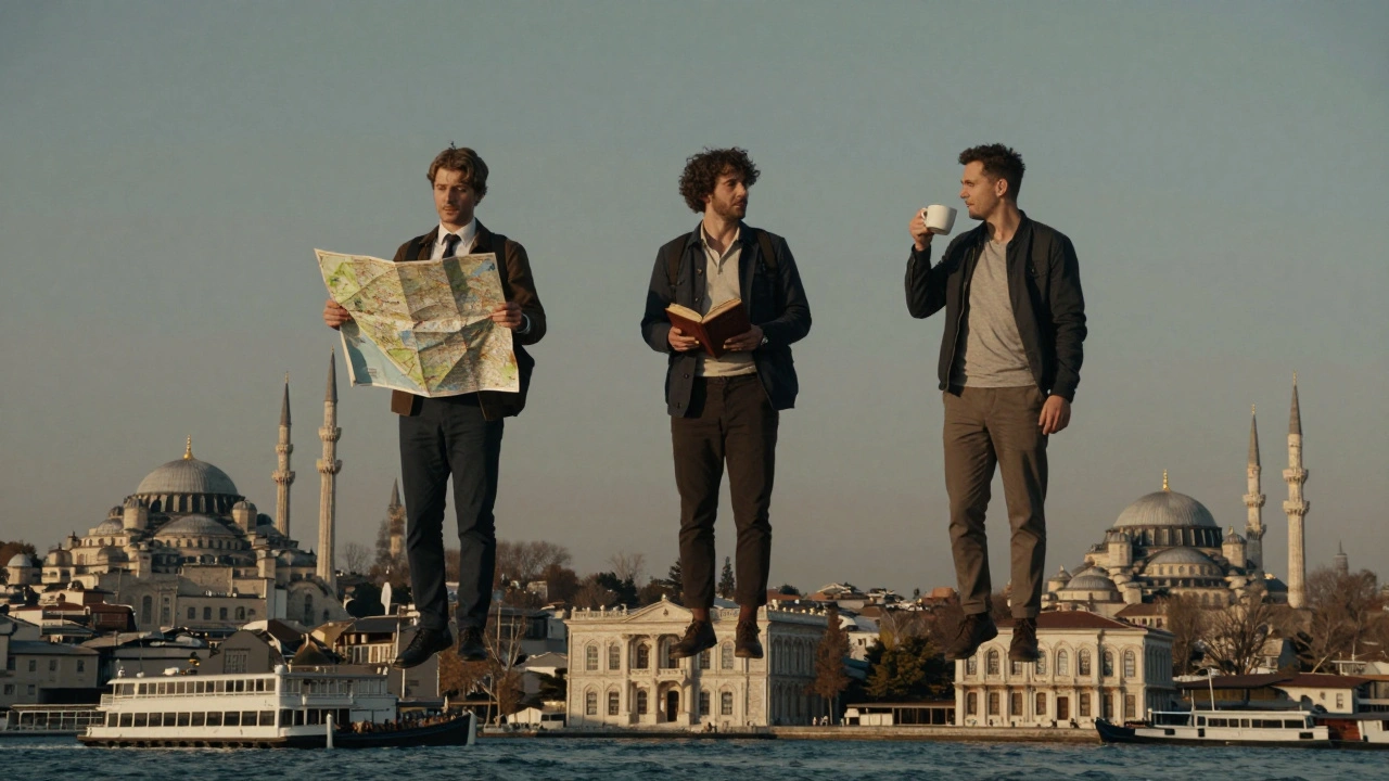 İstanbul sembollerini temsil eden üç nesne: harita, kitap ve kahve kupası, şehir manzaralarının üzerine yüzen.