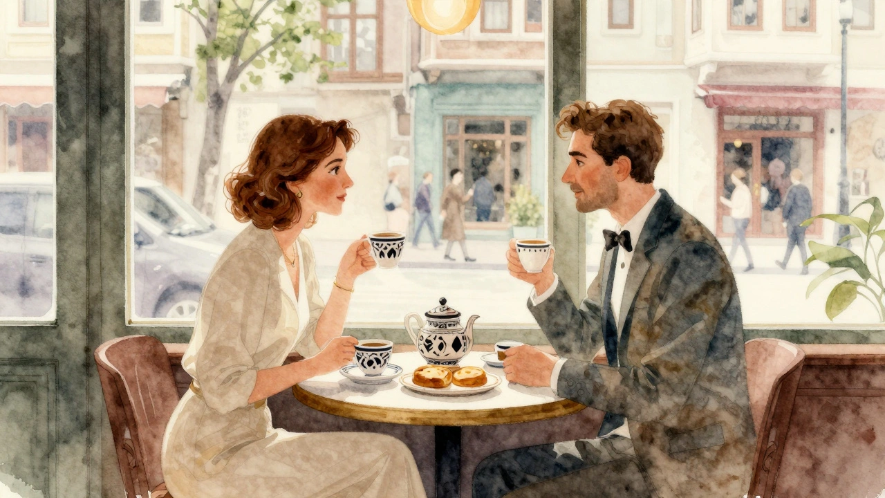 Kadıköy kafesinde rahat sohbet eden zarif çift