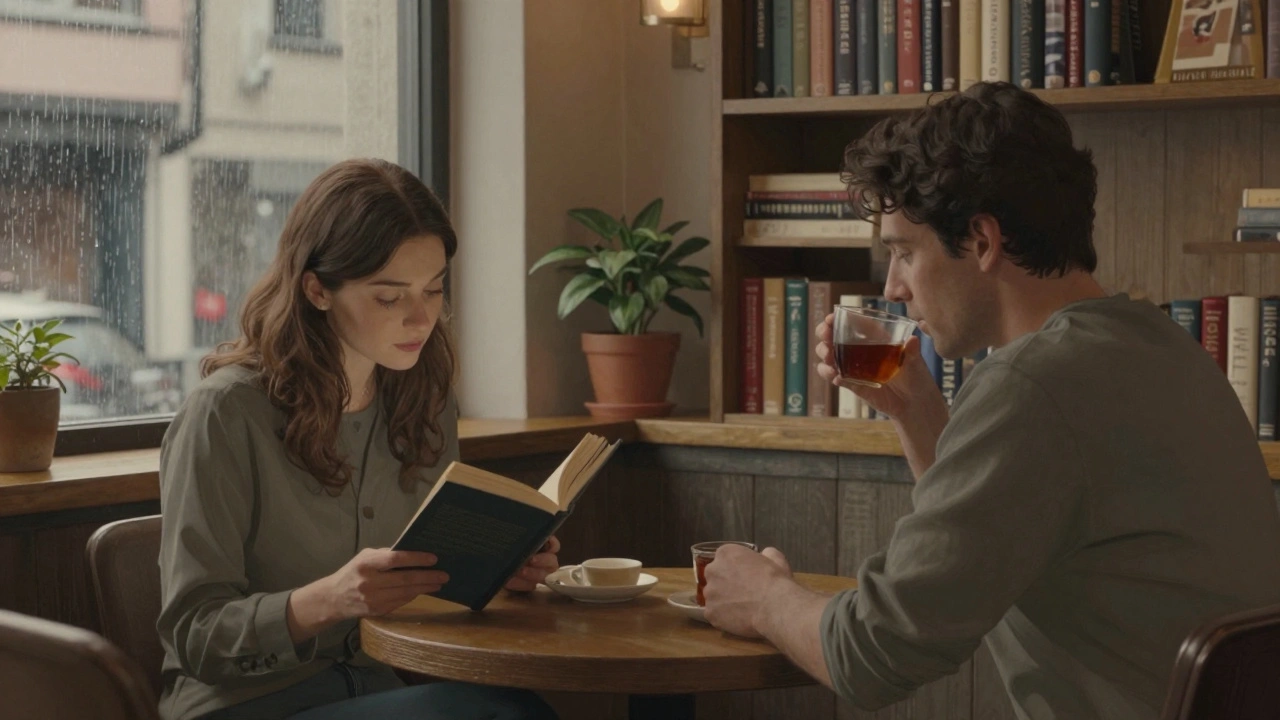 Kartal'da bir kafe'de bir kadın kitap okurken, companion'ı dikkatle dinliyor.