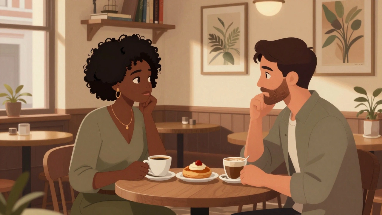 Nişantaşı'da bir kafede, koyu tenli bir kadın ve müşteri kahve içerek sohbet ediyor.