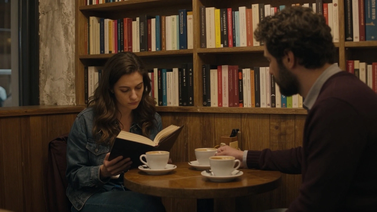 Ortaköy'deki bir kitapçı-kafede, bir kadın kitap okurken bir erkek ona kahveyi bırakıyor.