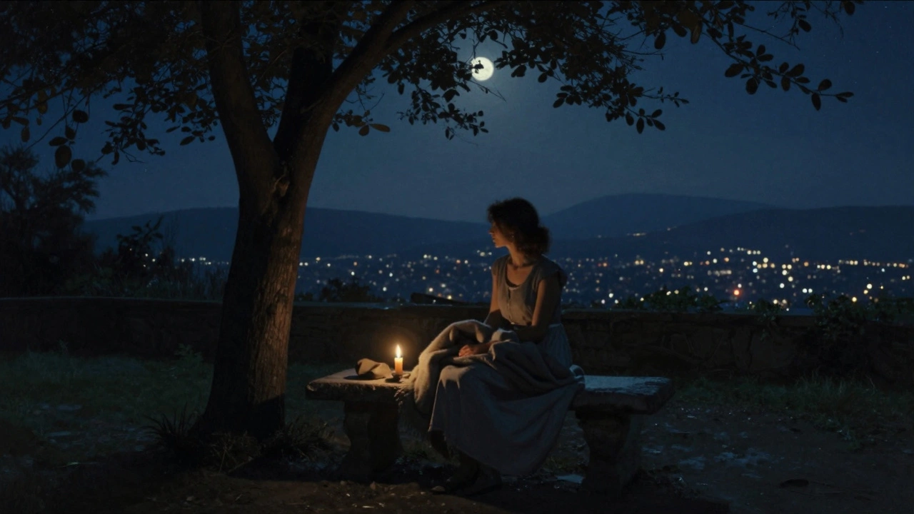 Silivri'de ay ışığında tek başına oturan bir kadın, huzur ve yalnızlık hissi veriyor.