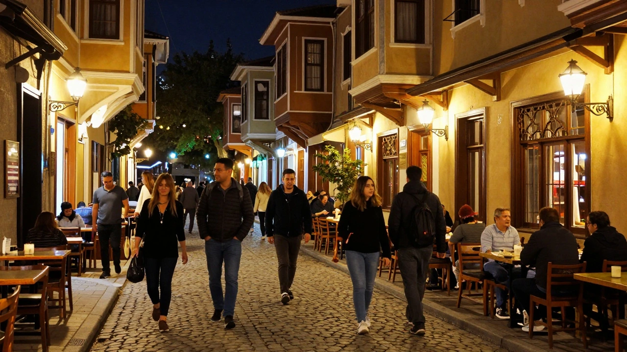 Trend semtte akşam yürüyüşü yapan kalabalık ve aydınlık sokaklar.