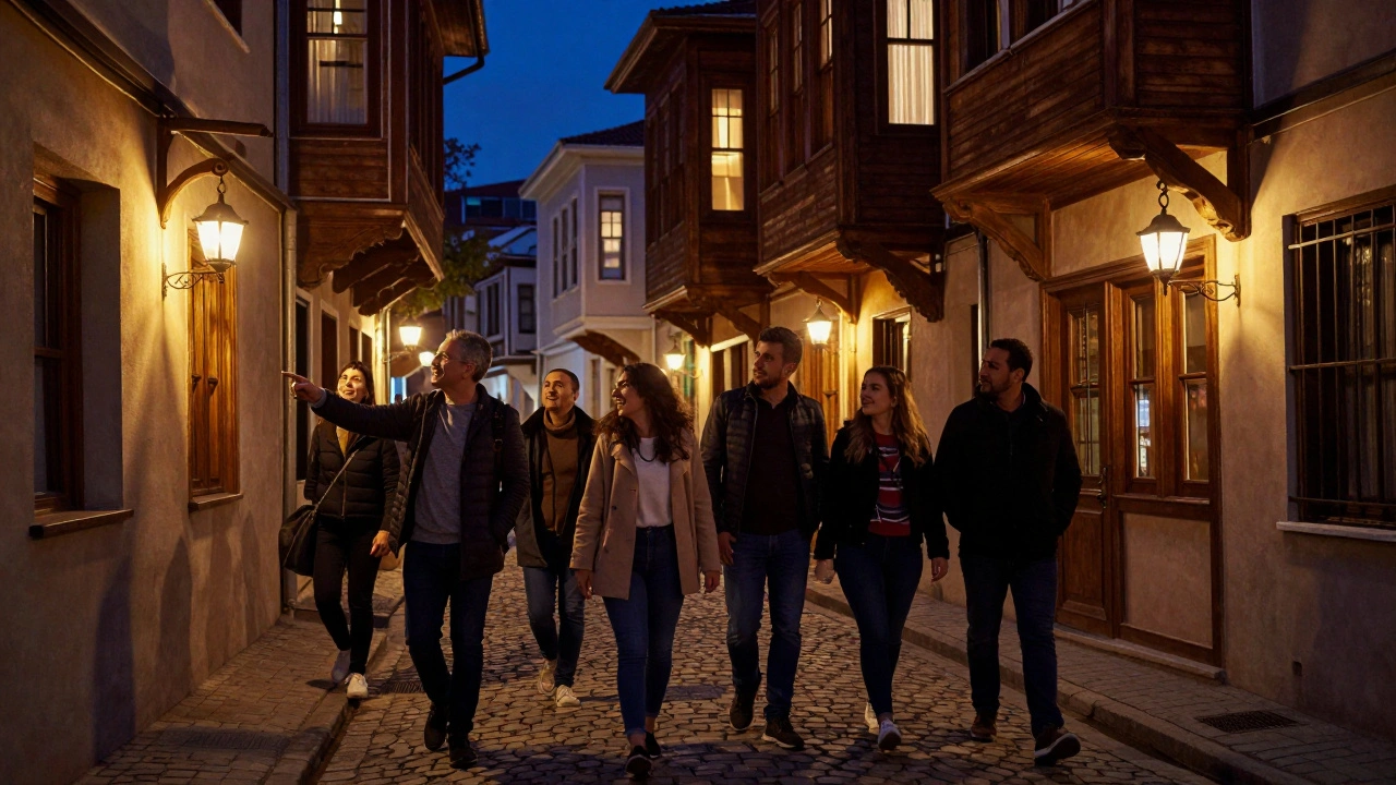 Üsküdar’da bir sokakta, bir kadın eski bir evi gösterirken diğeri gülüyor.